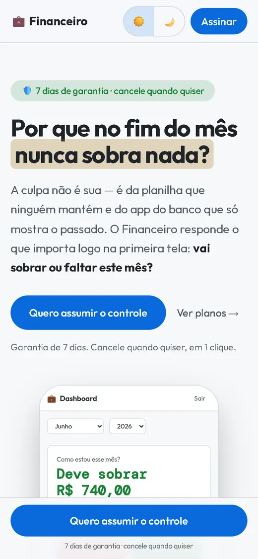 Aplicativo Financeiro aberto no celular