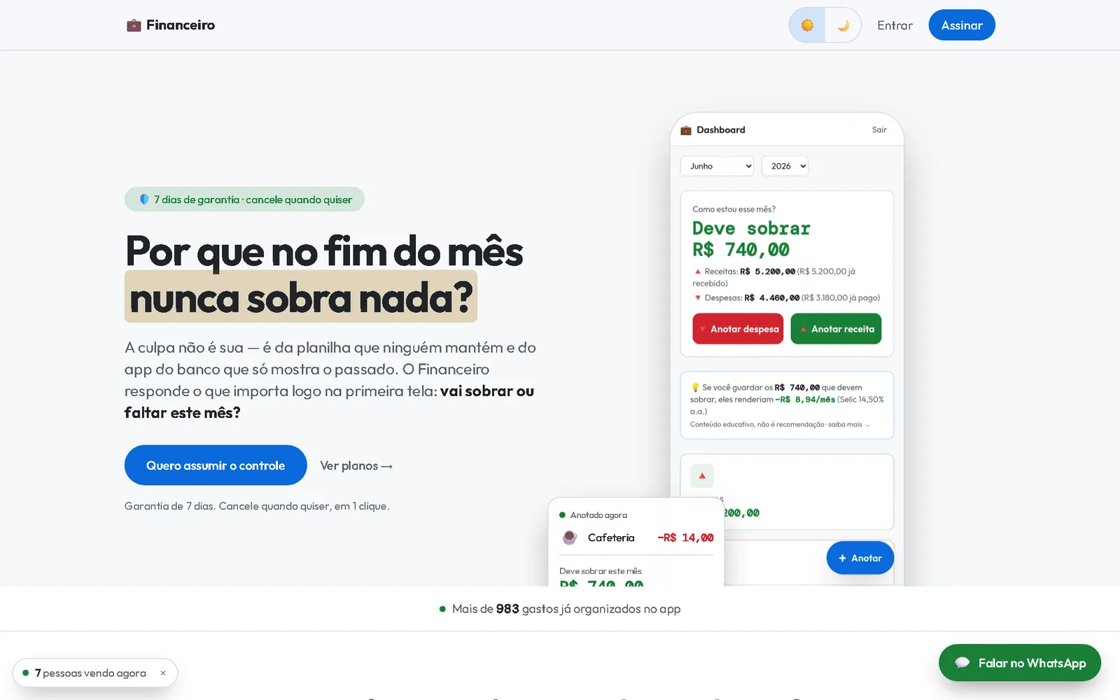 Página do aplicativo Financeiro